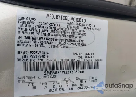 2005 Mercury Grand Marquis Gs z USA, uszkodzony, nr VIN 2MEFM74W35X635260